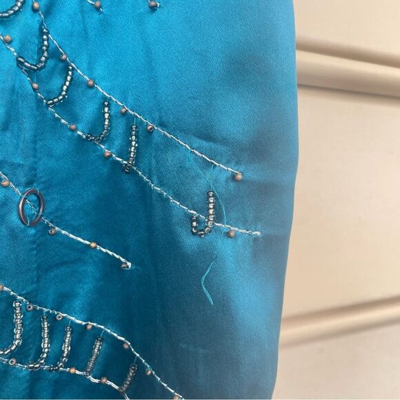 Nanette Lepore Darjeeling Teal Bronze Beaded Embellished Boho Silk Dress Size 12 - Picture 6 of 15